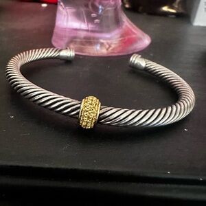 David Yurman 18K Yellow Gold, Sterling Cable Bracelet With Diamond Pave Accents